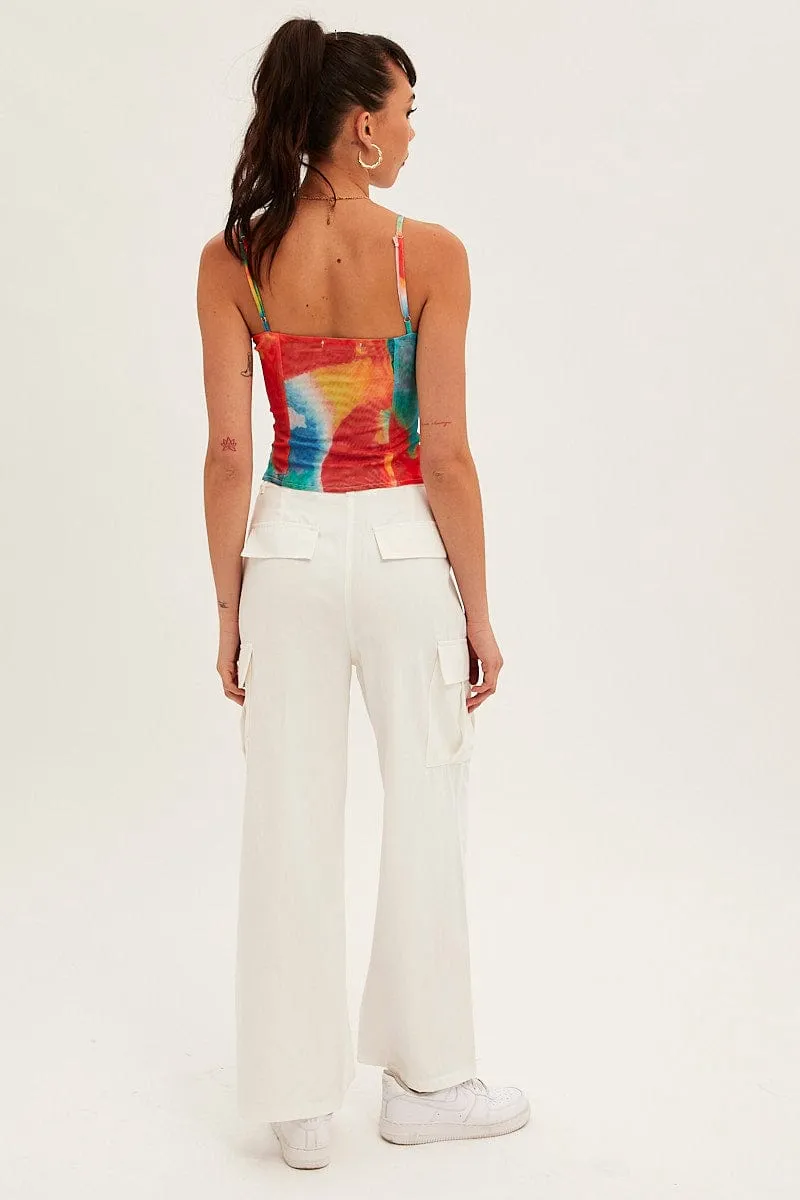 White Cargo Pants Relaxed Wide Leg Compression Support Lining