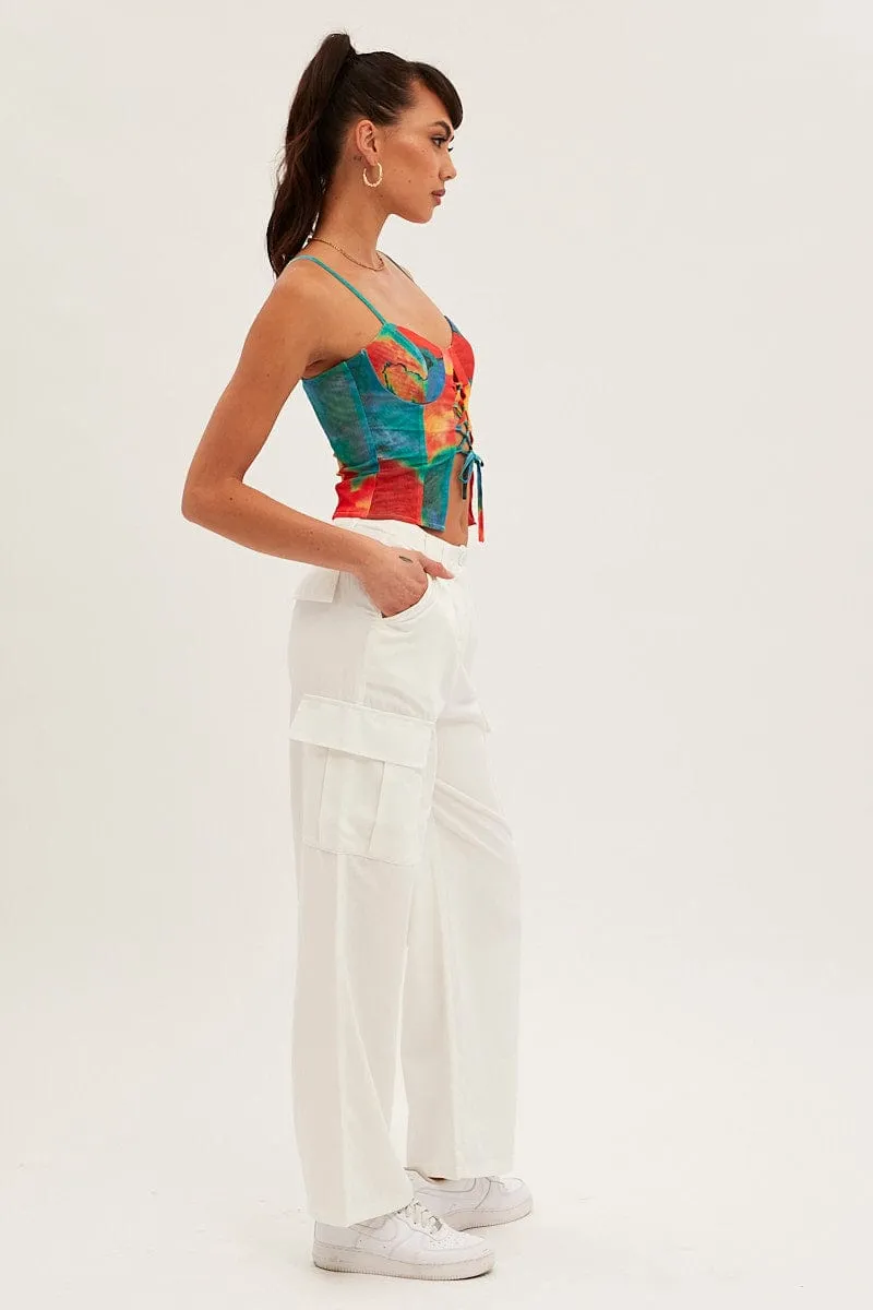 Simple Fit RecycledPolyester White Cargo Pants Relaxed Wide Leg