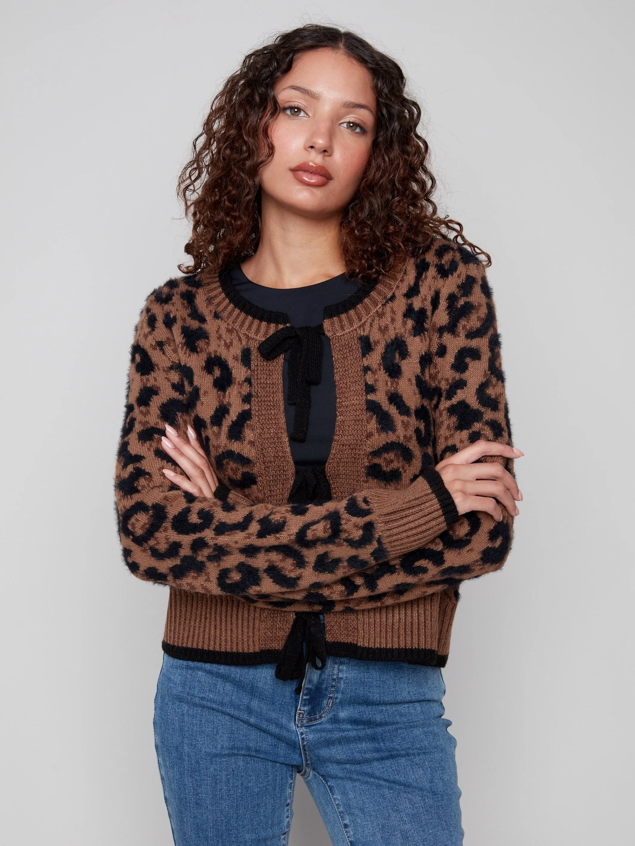 Bow Tie Jacquard Knit Cardigan - Animal Stylish Knit Look Outdoor Style