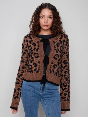 Layered Fashion Bow Tie Jacquard Knit Cardigan - Animal