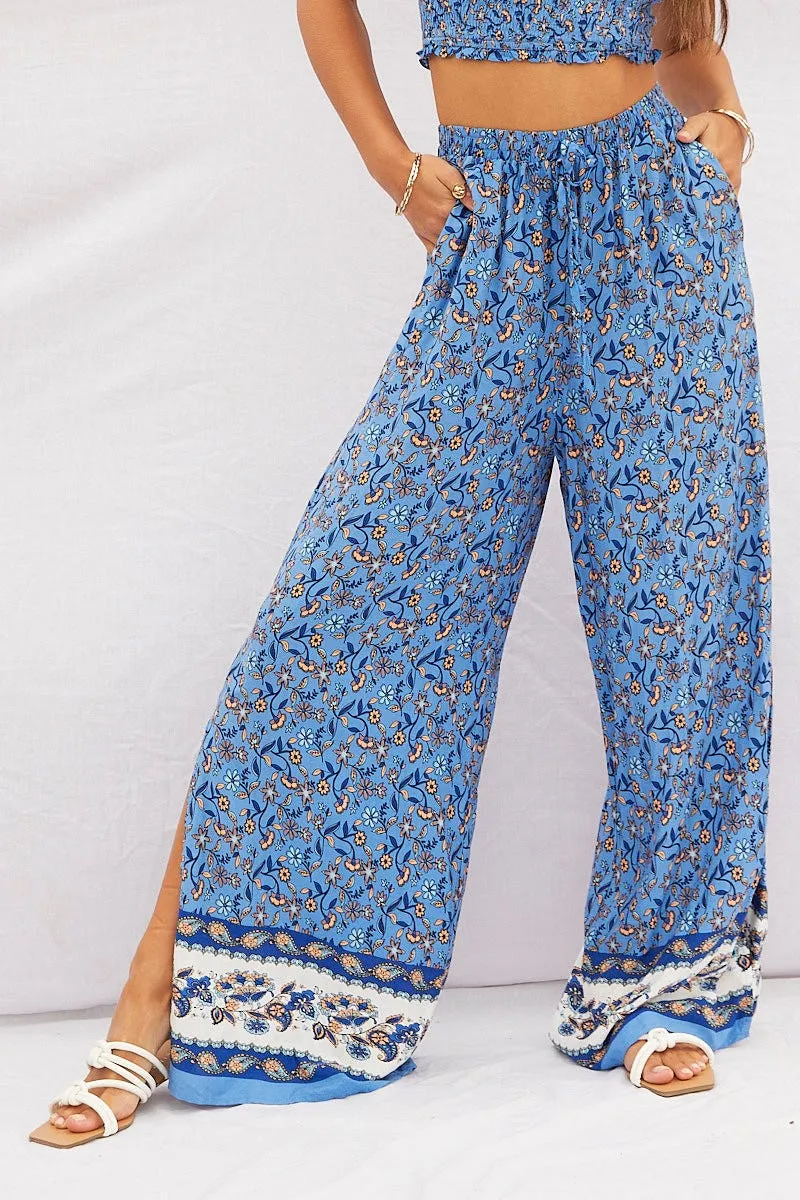 Print Pants High Rise Elastic Waist Wide Leg Workout-ready