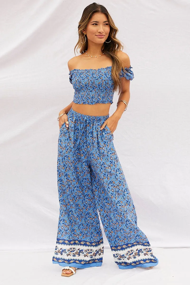 Print Pants High Rise Elastic Waist Wide Leg Comfortable Fabric