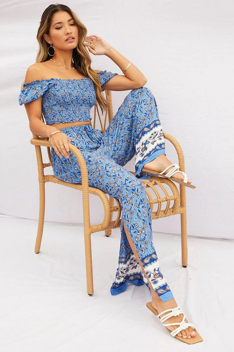 Soft Lining Noise Reduciting Fabric Print Pants High Rise Elastic Waist Wide Leg