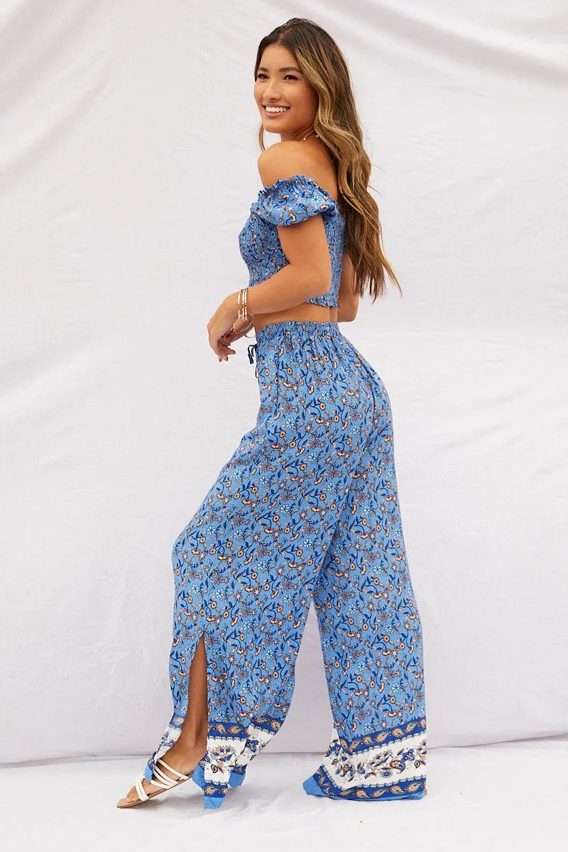 Print Pants High Rise Elastic Waist Wide Leg Casual Fit