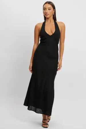 Soft draping fabric dress Black Midi Dress Halter Neck