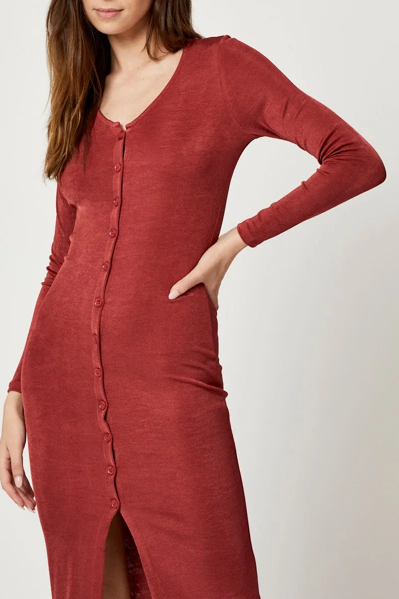 Brown Button Front Slinky Midi Dress Street Lamp Moon Beam
