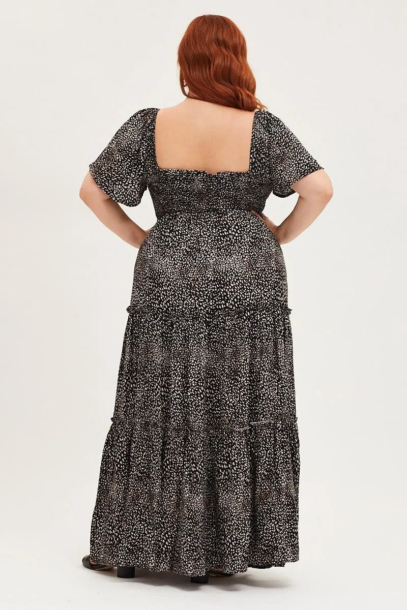 Milky Glow Animal Print Maxi Dress Square Neck Short Sleeve