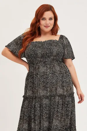 Animal Print Maxi Dress Square Neck Short Sleeve Neon Pop