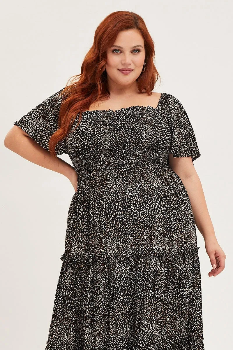 Animal Print Maxi Dress Square Neck Short Sleeve Neon Pop