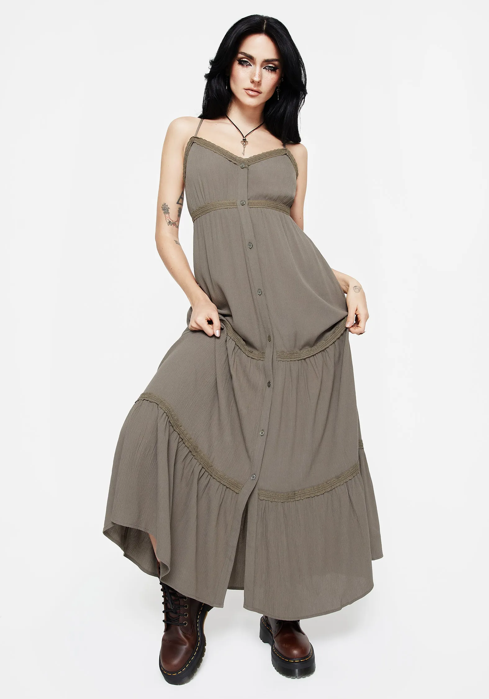 Day-to-evening wear This maxi dress combines classic style with modern comfort for a timeless look Sara Tiered Lace Maxi Cami Dress