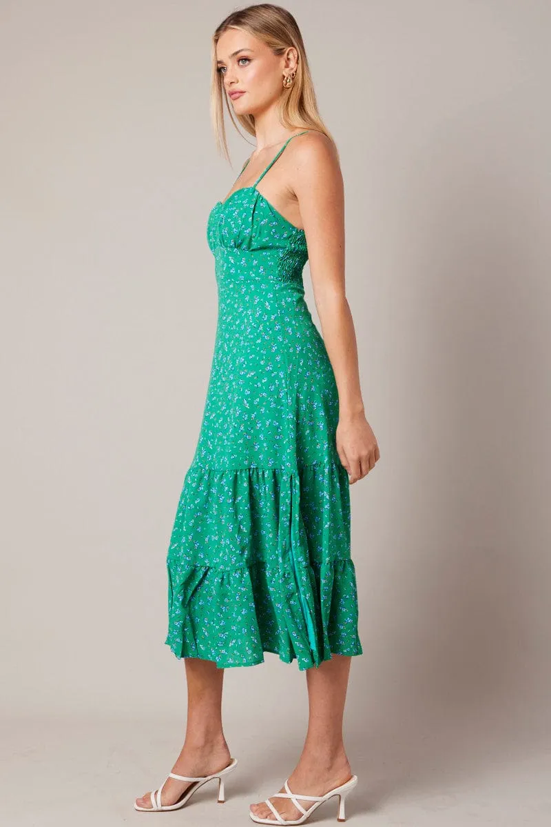 Green Floral Midi Dress Strappy Sophisticated Look