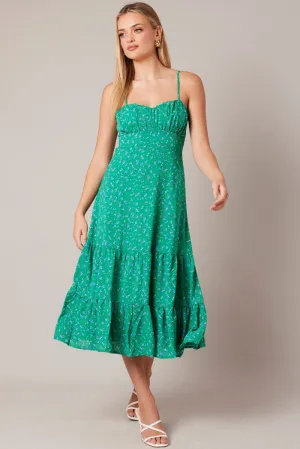 Green Floral Midi Dress Strappy Seasonal Fashion