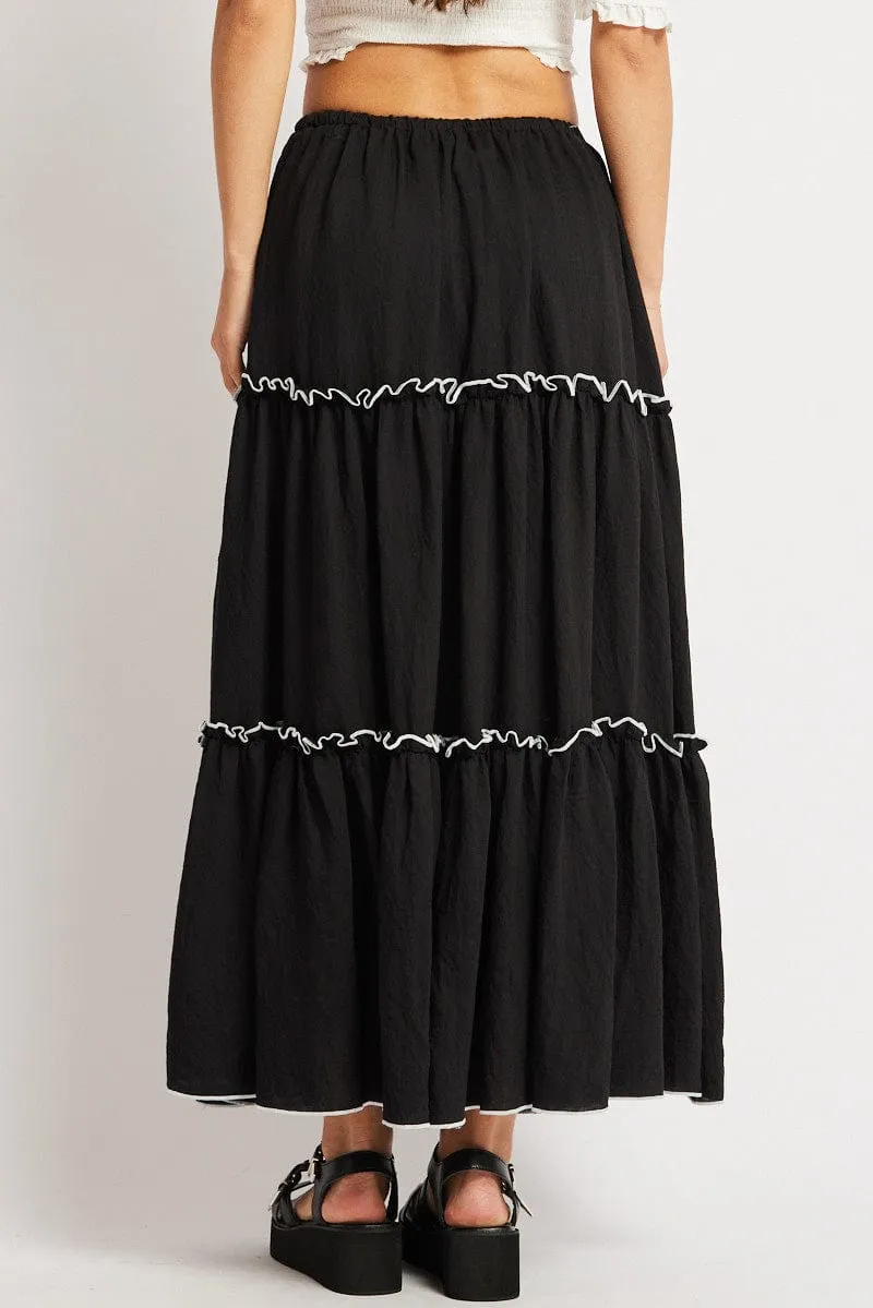 Black Tiered Maxi Skirt Lightwear Look Removable Belt