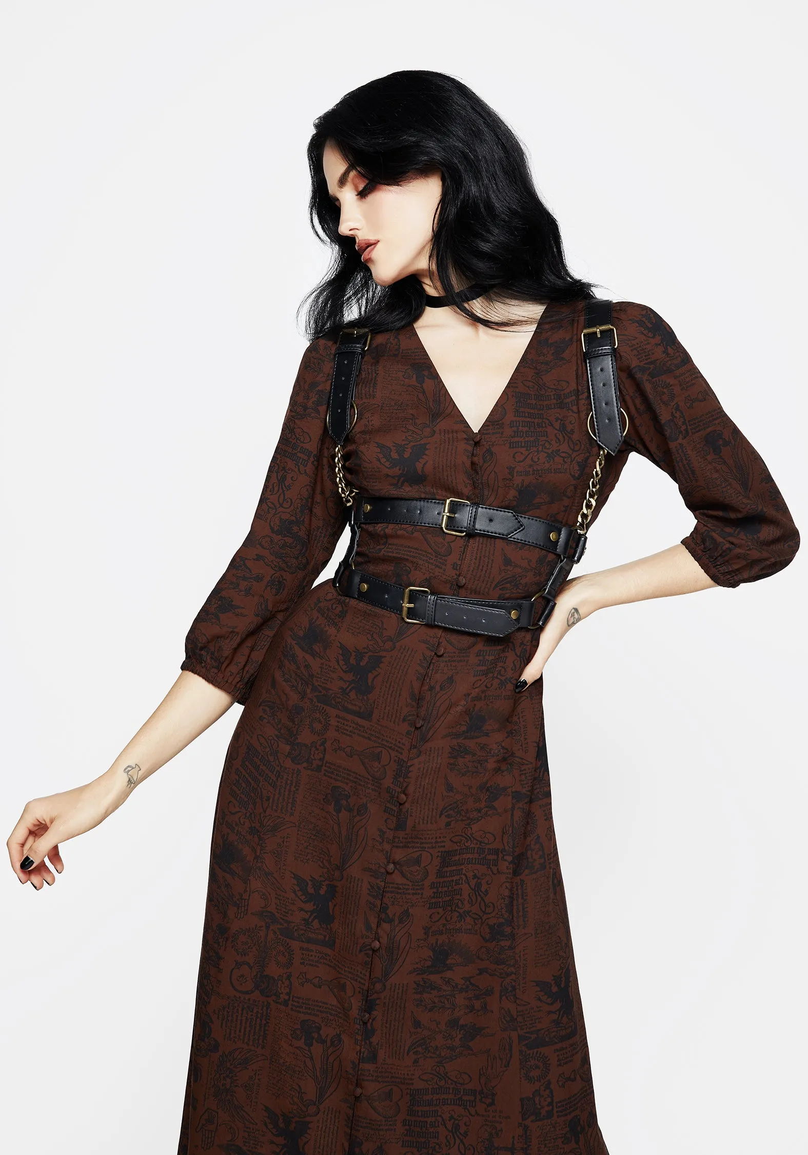 Daemonologie Woodcut Print Button Up Midaxi Dress Sand Beige