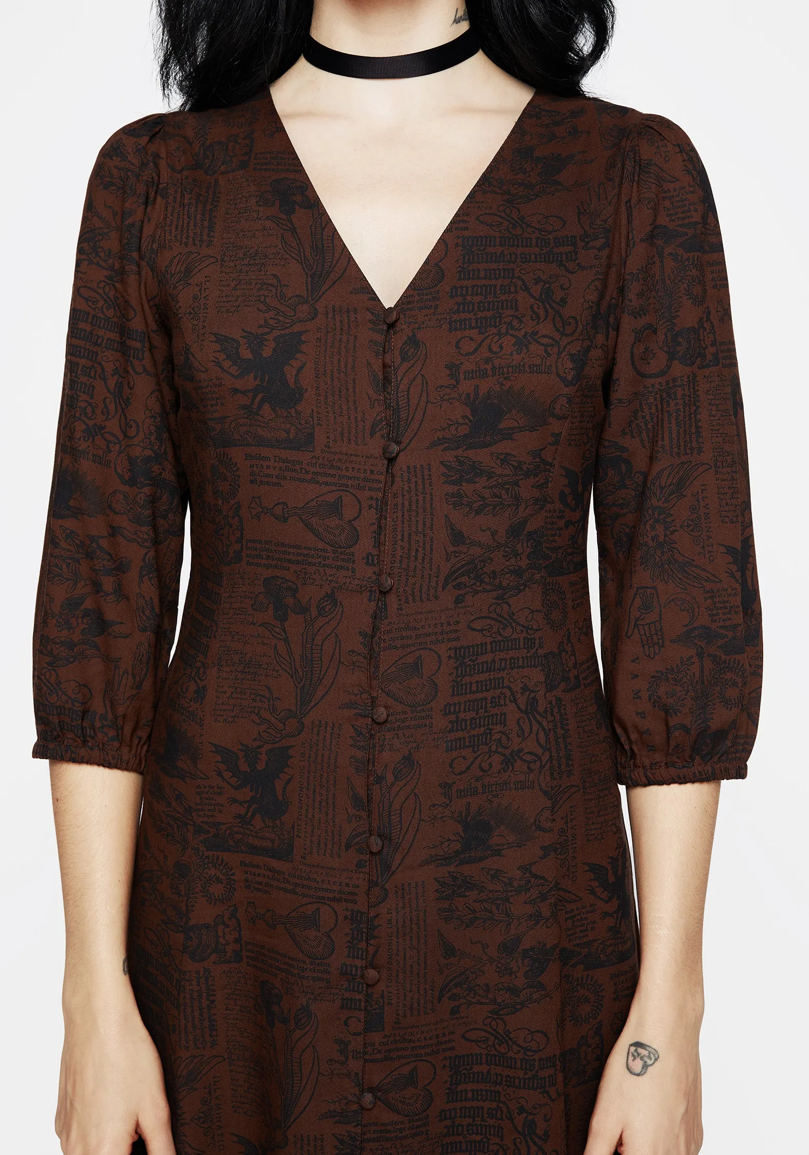Perfect for casual outings or formal events this dress can be styled to suit any occasion Daemonologie Woodcut Print Button Up Midaxi Dress