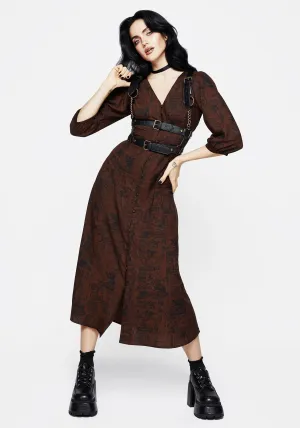 Off Shoulder Daemonologie Woodcut Print Button Up Midaxi Dress