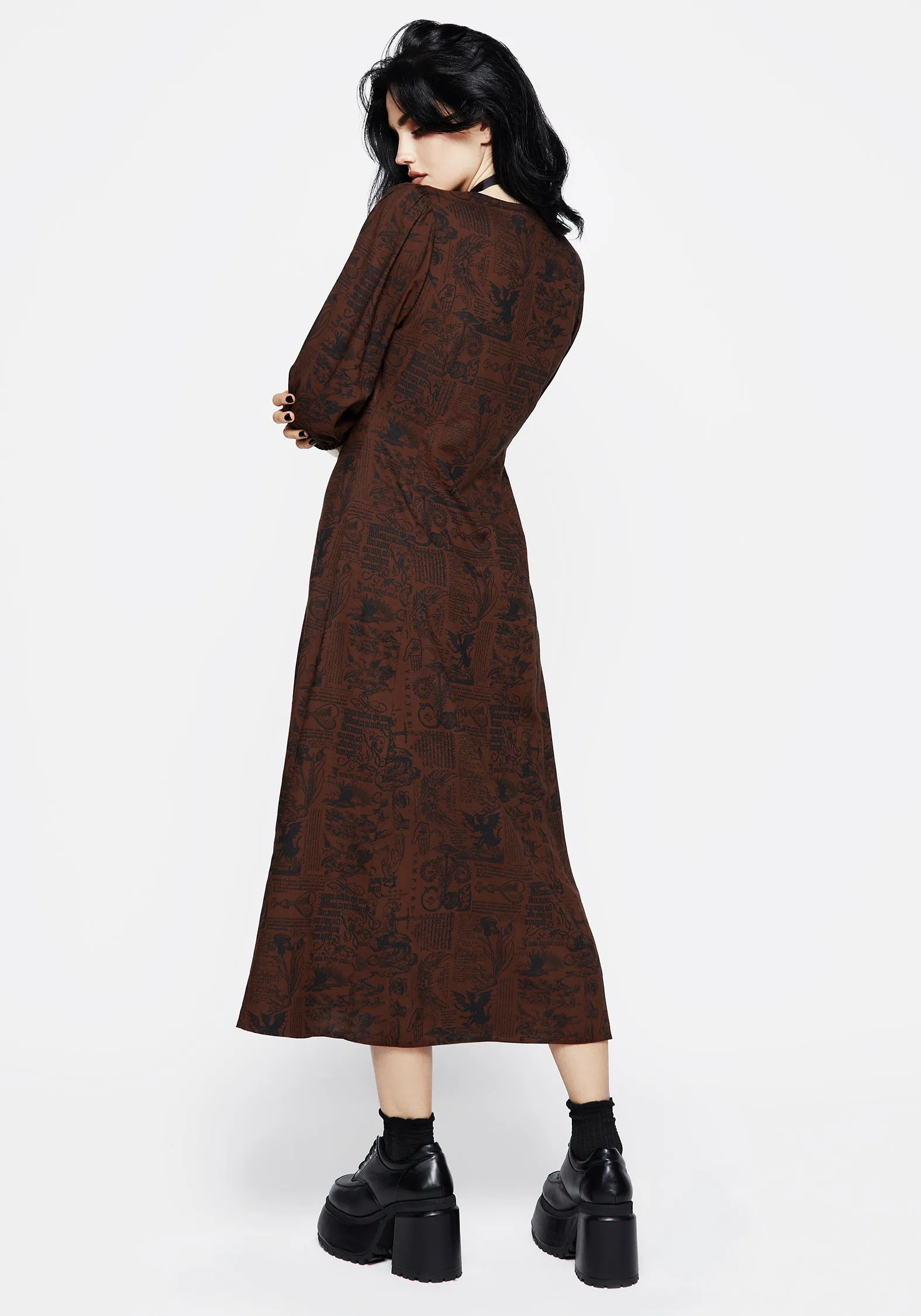 Daemonologie Woodcut Print Button Up Midaxi Dress Elegant formal maxi Georgette Flow