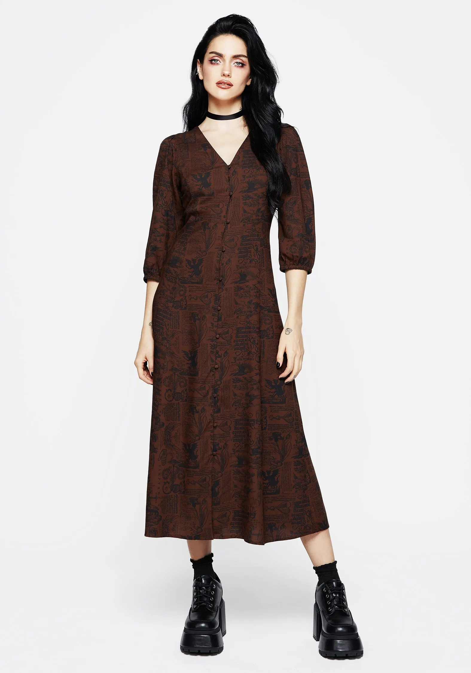 Daemonologie Woodcut Print Button Up Midaxi Dress Cross Stitch Water Glow
