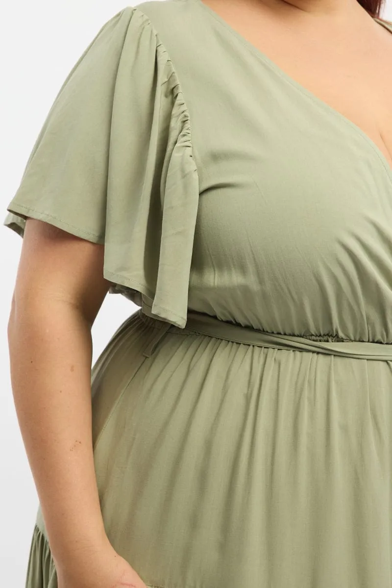 Green Tiered Maxi Dress Short Sleeve Fashionable day-to-night gown Wool Soft