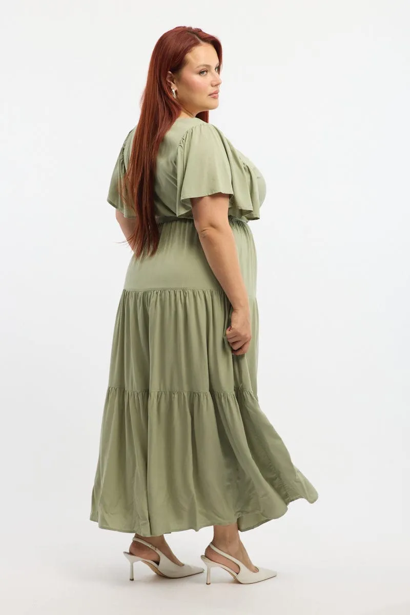 Pastel tone Color Sky Green Tiered Maxi Dress Short Sleeve