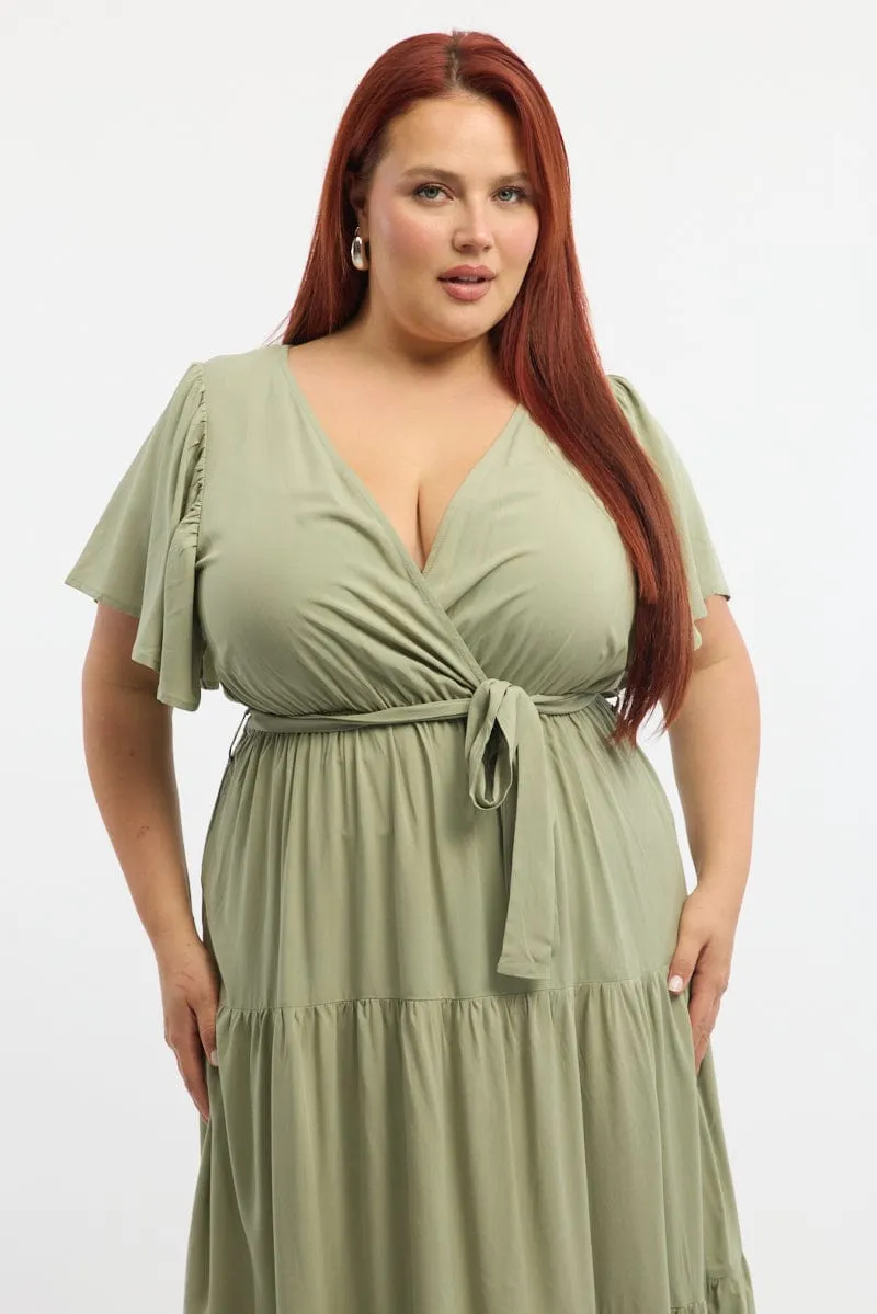 Feather Soft Green Tiered Maxi Dress Short Sleeve