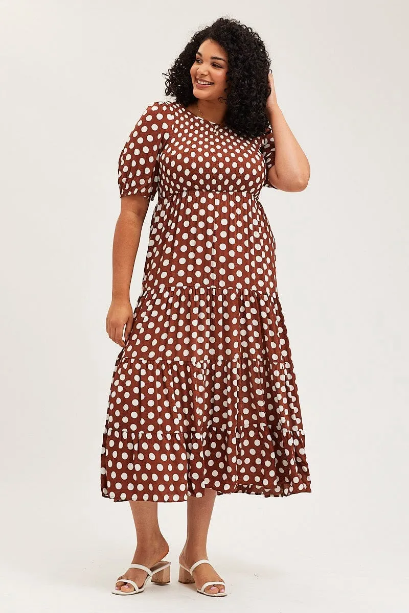 Lake View Tropical Path Polka Dot Maxi Dress Round Neck Puff Sleeve Shirred
