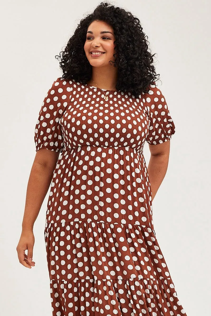 Polka Dot Maxi Dress Round Neck Puff Sleeve Shirred Navy Tone Sun Bay