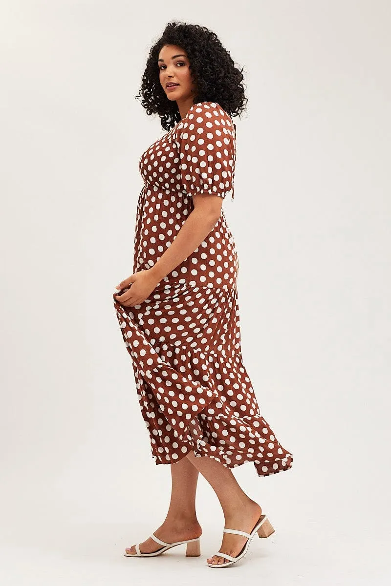 Polka Dot Maxi Dress Round Neck Puff Sleeve Shirred Light and breathable fabric Relaxed fit formal wear