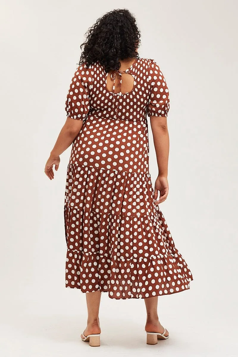 Polka Dot Maxi Dress Round Neck Puff Sleeve Shirred Lily Bloom Urban Cool