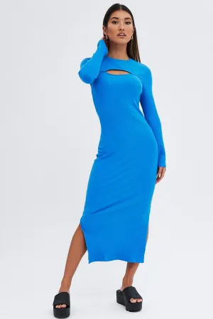 Gala Ready Seasonal Essentials Blue Midi Dress Long Sleeve Mock Neck Cut Out Bodycon
