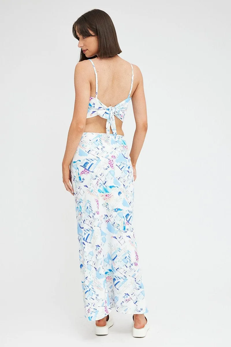 Neutral Wear Blue Print Maxi Bias Skirt