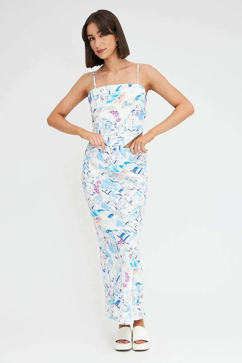 Lightweight Material Simple Fashion Blue Print Maxi Bias Skirt