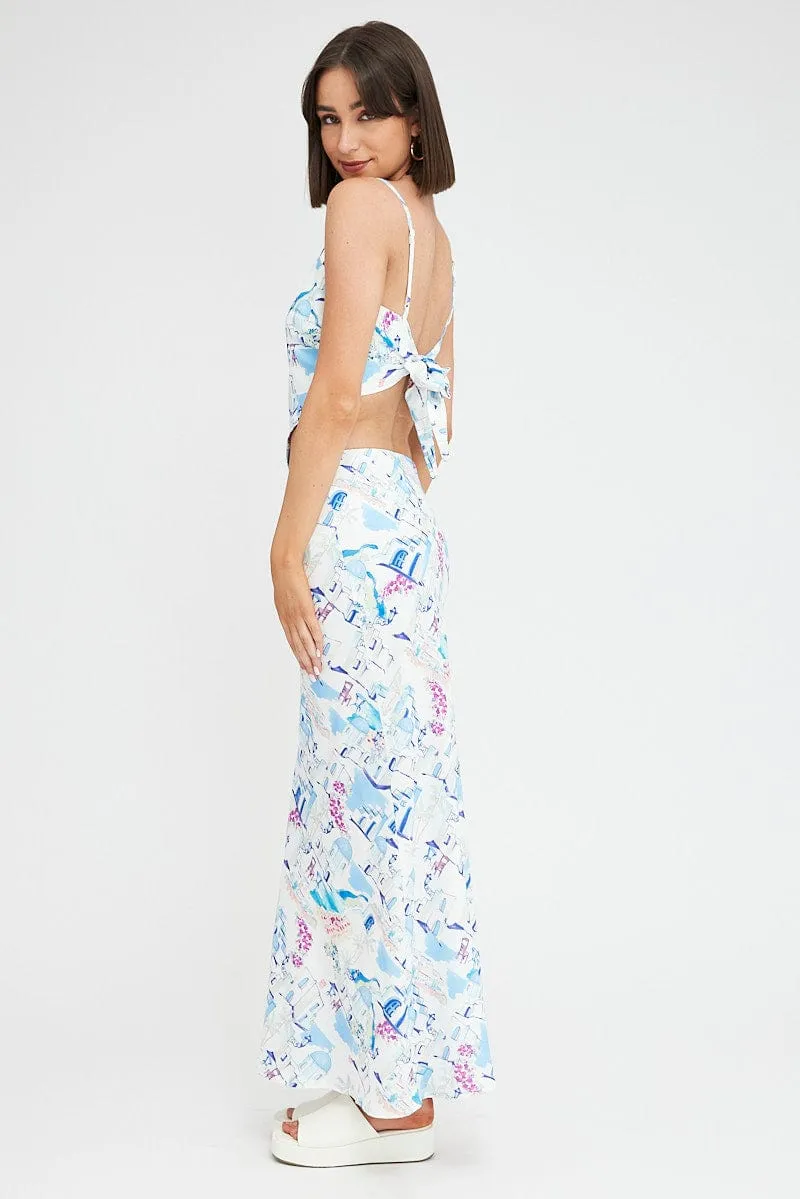 Relaxed Motion Blue Print Maxi Bias Skirt
