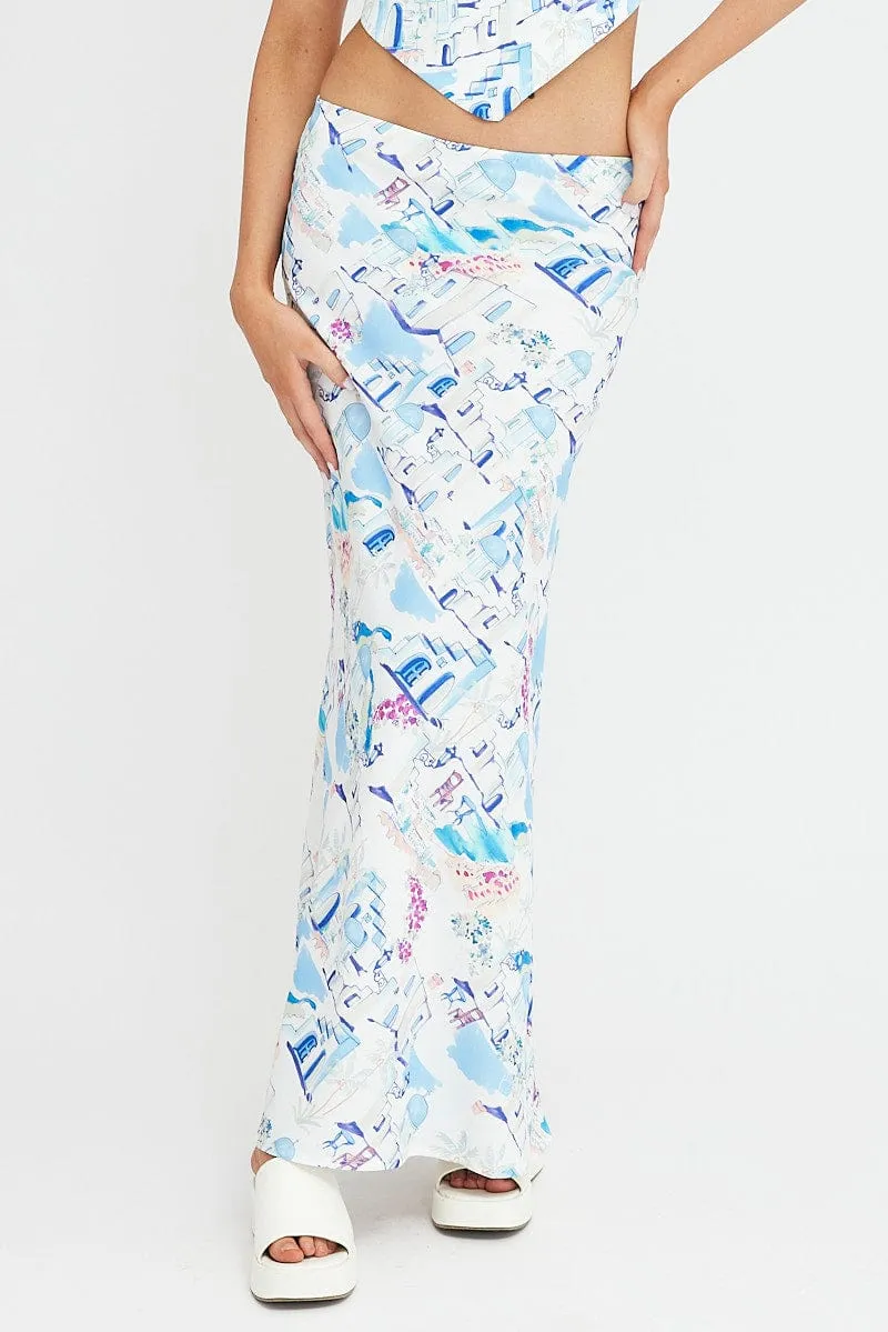 Non see through Blue Print Maxi Bias Skirt