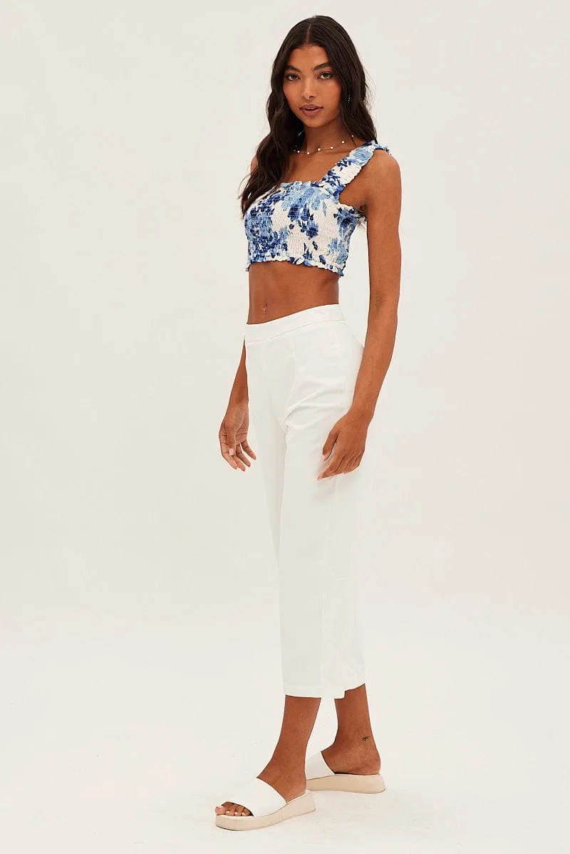 White Cropped Pant High Waisted Flexible Knee Panels