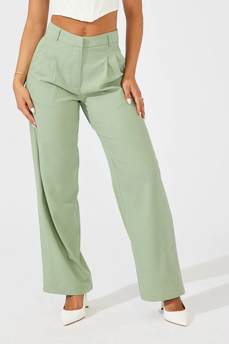 Green Wide Leg Pants High Rise Detachable belt