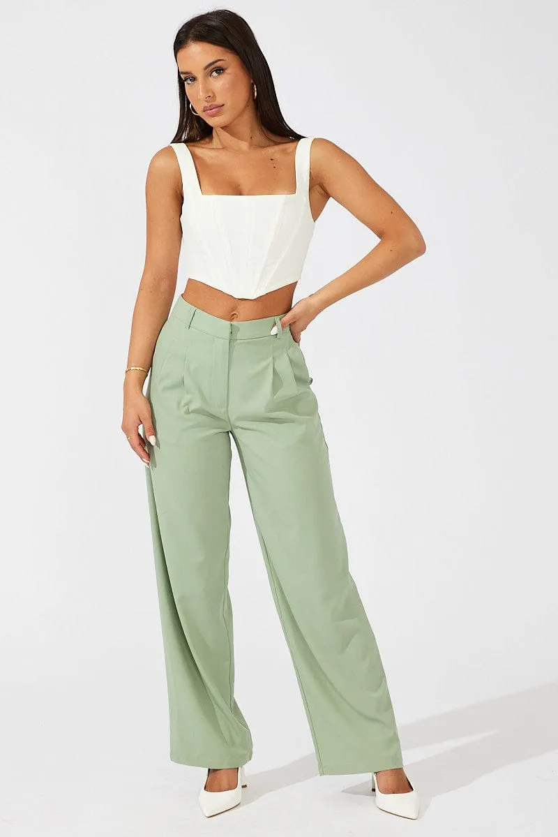 Classic Cut Green Wide Leg Pants High Rise