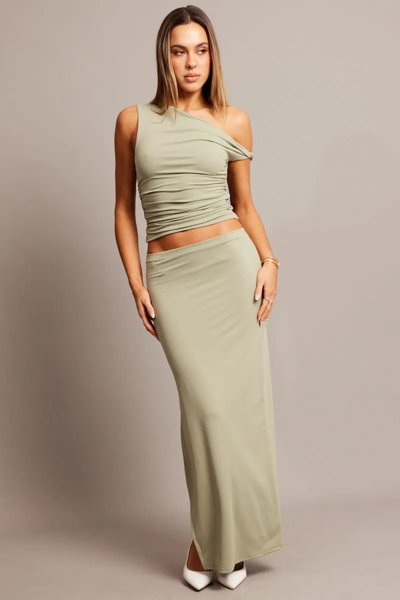 Green Supersoft Maxi Skirt Side Split Fold Over Design
