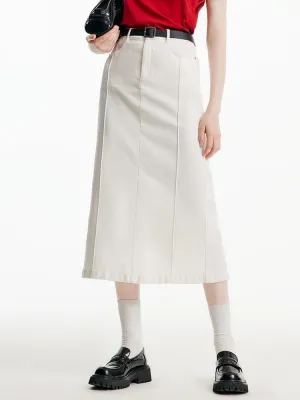 Split White Denim Long Skirt With Belt Push Button Closure Neutral Wear