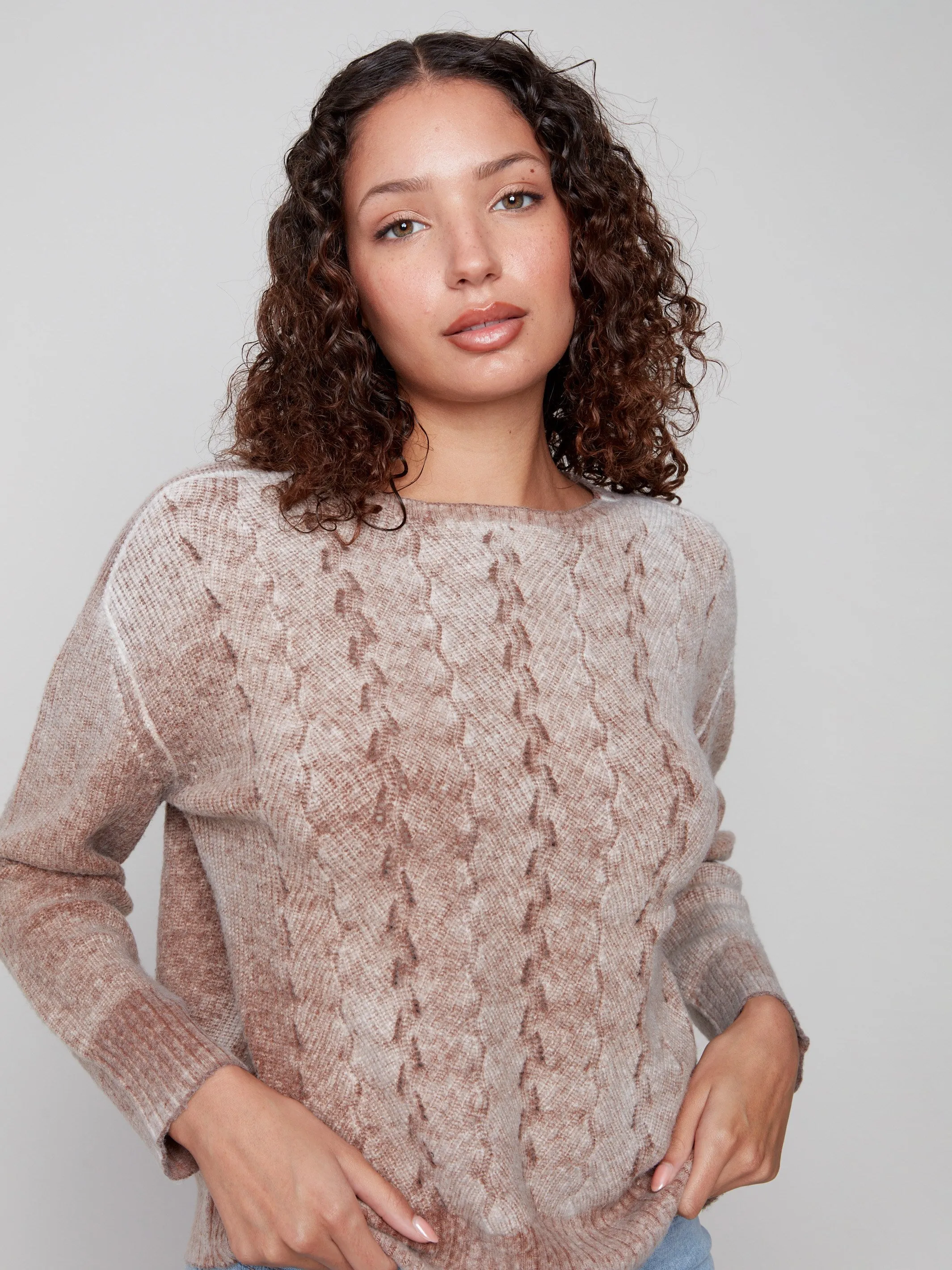 Comfort Piece Timeless Knitwear Fancy Stitch Crew Neck Sweater - Sepia