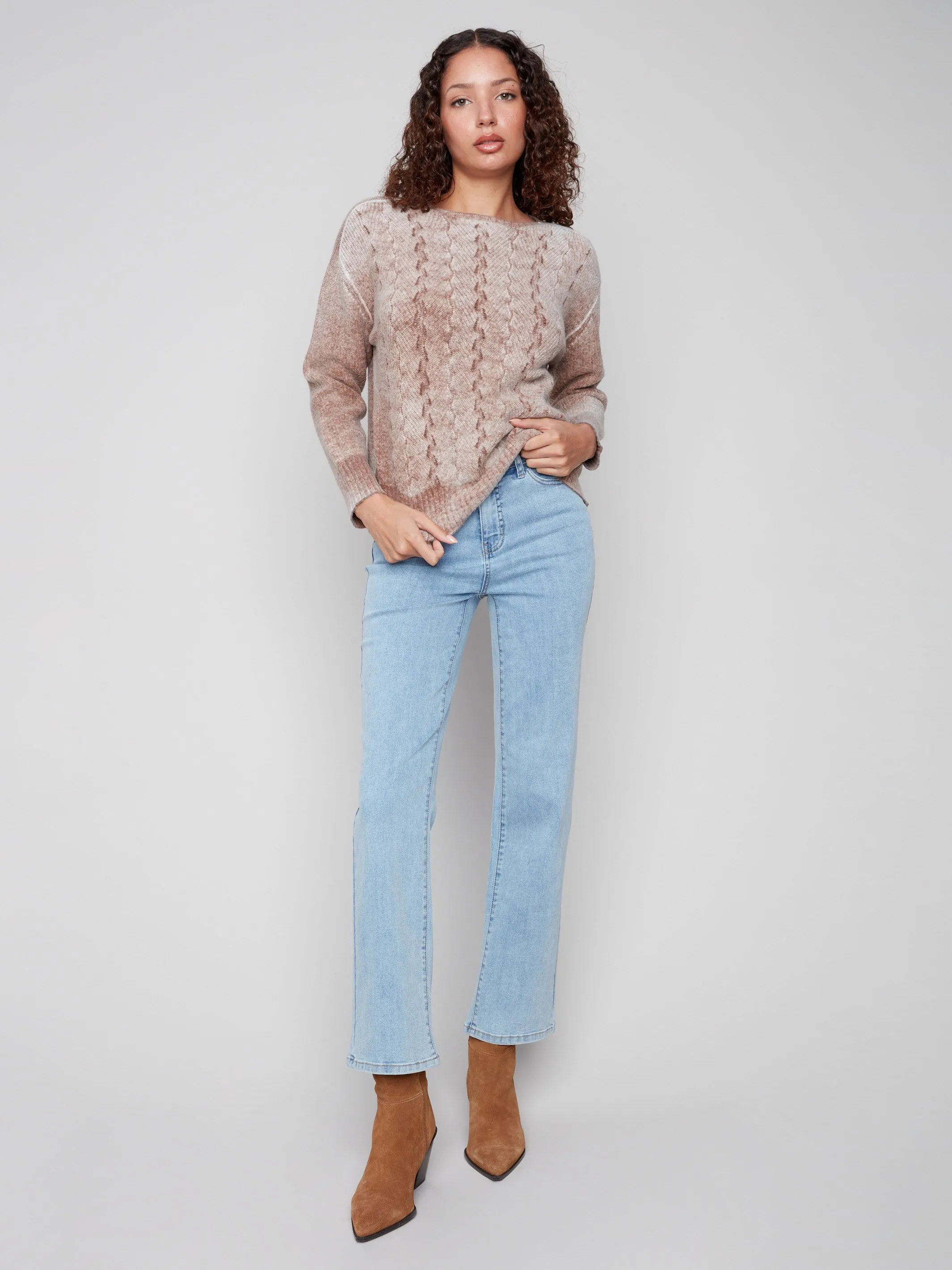 Relaxed Knitwear Stretch Fabric Fancy Stitch Crew Neck Sweater - Sepia