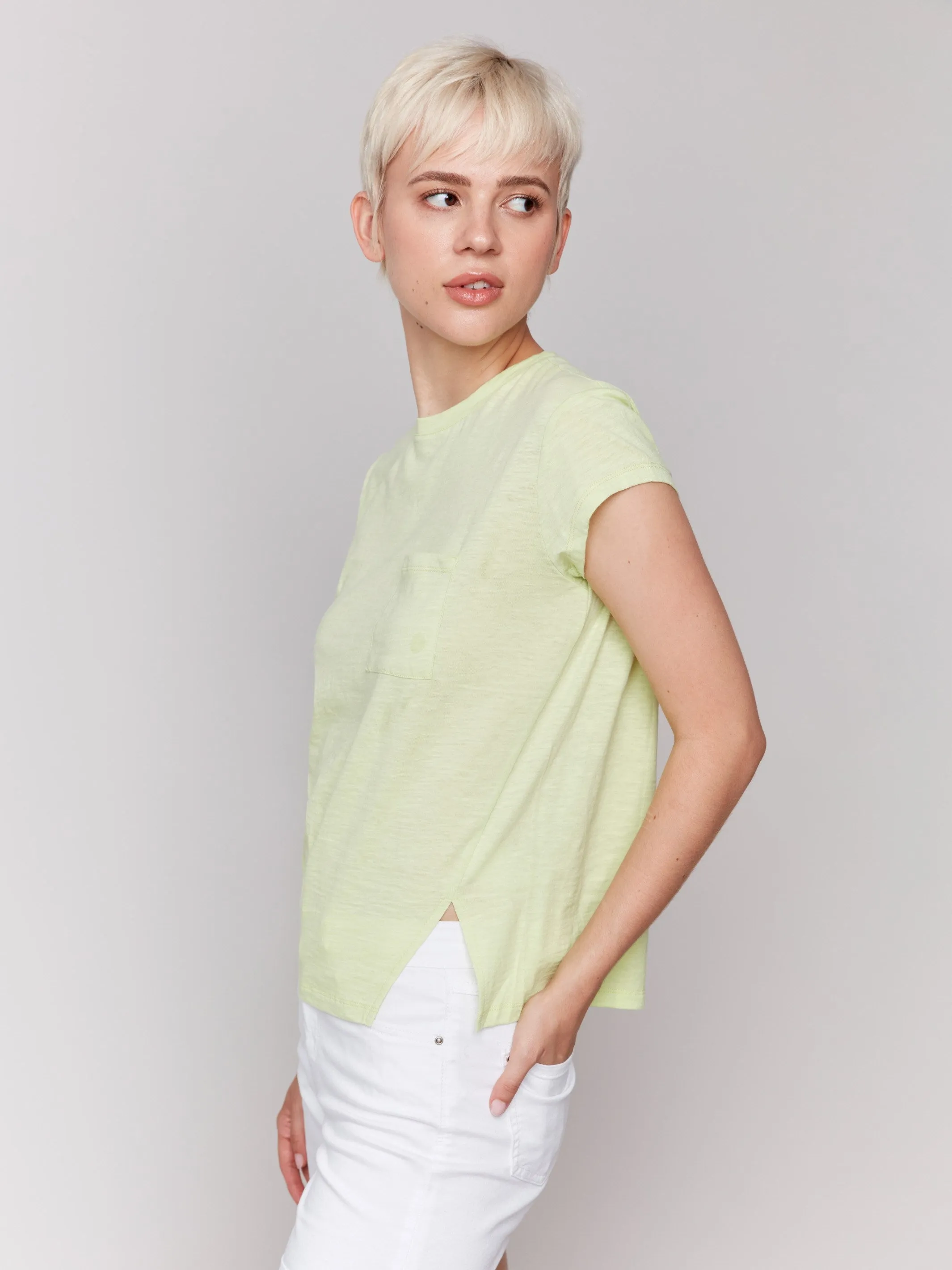 Cotton Blend Organic Cotton Cap Sleeve T-Shirt with Slit Detail - Keylime