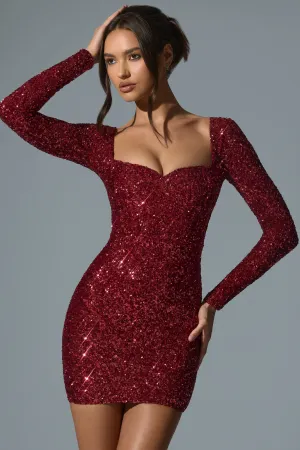 Embellished Sweetheart-Neck Mini Dress in Red Light Charm