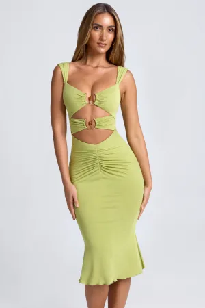 Functional Design Formal Attire Ruched Hardware Detail Cut-Out Midaxi Dress in Olive Green