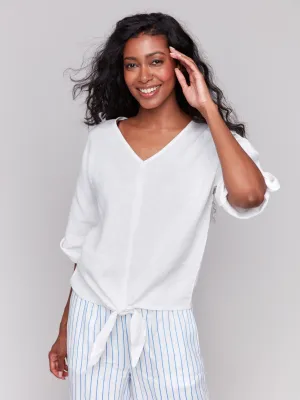 Linen Blend 3/4 Sleeve Top with Front Tie - White Quiet Charm