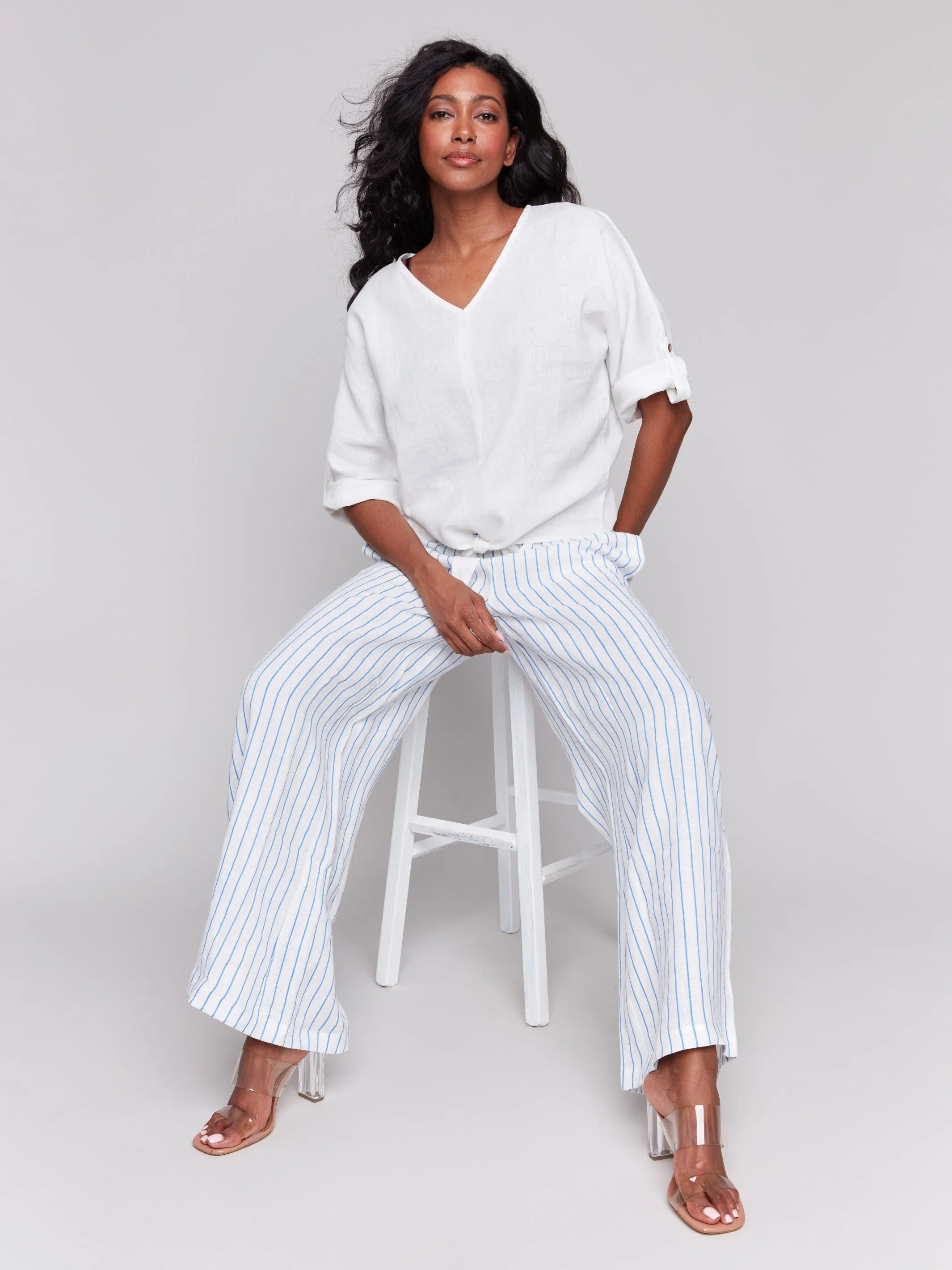 Rustic Ease Stylish Jumper Linen Blend 3/4 Sleeve Top with Front Tie - White