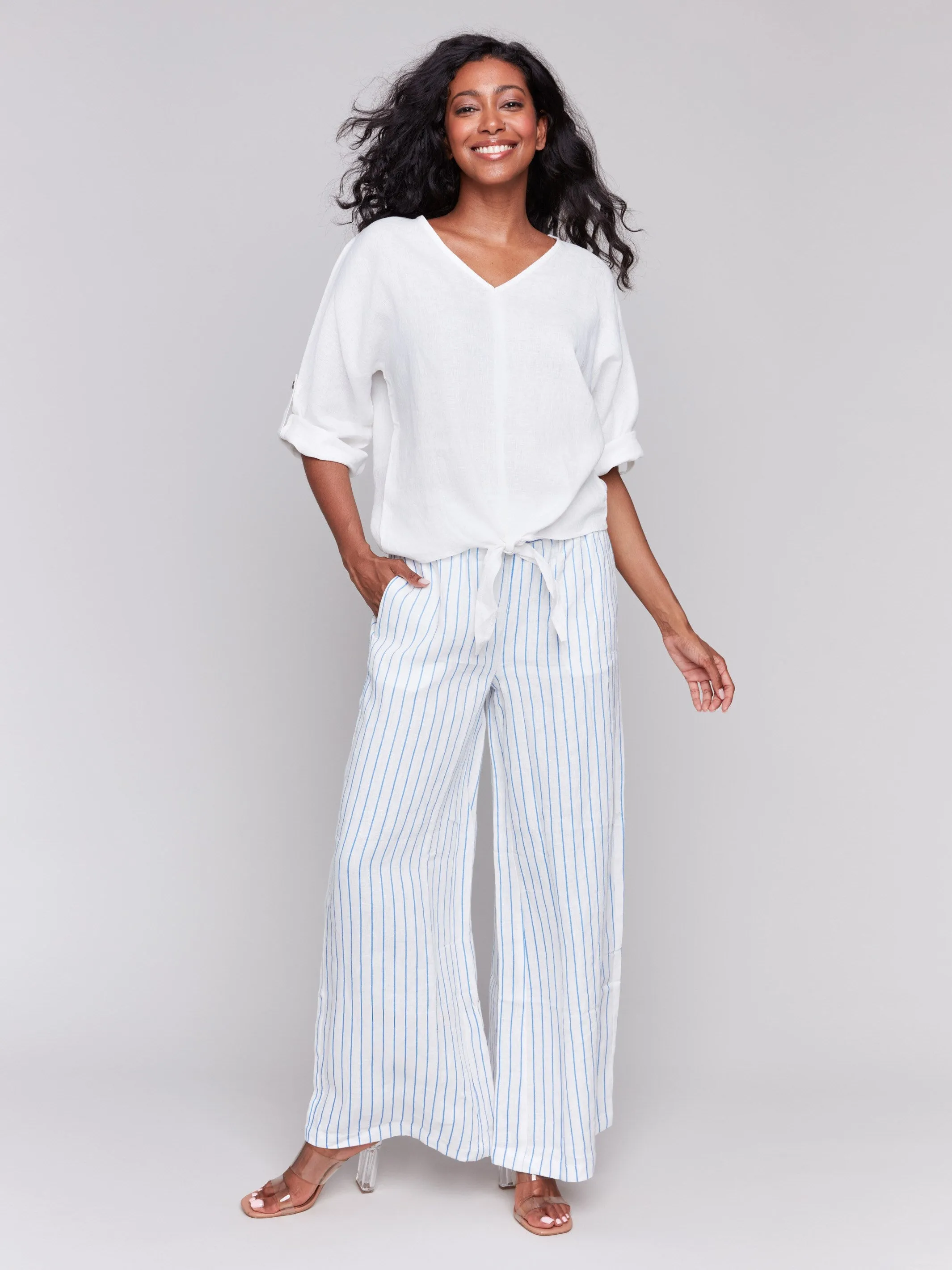Linen Blend 3/4 Sleeve Top with Front Tie - White Thick Fiber