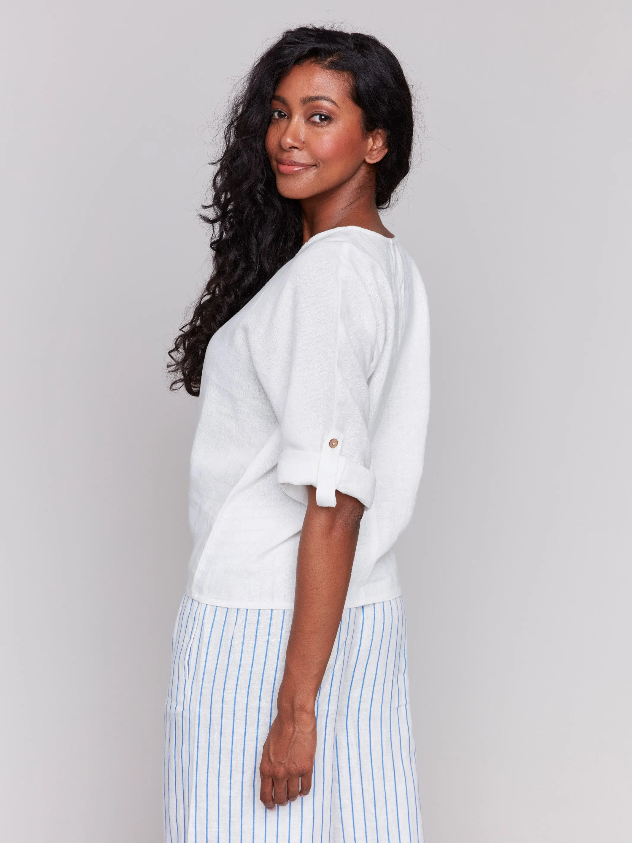 Downtown Cool Linen Blend 3/4 Sleeve Top with Front Tie - White