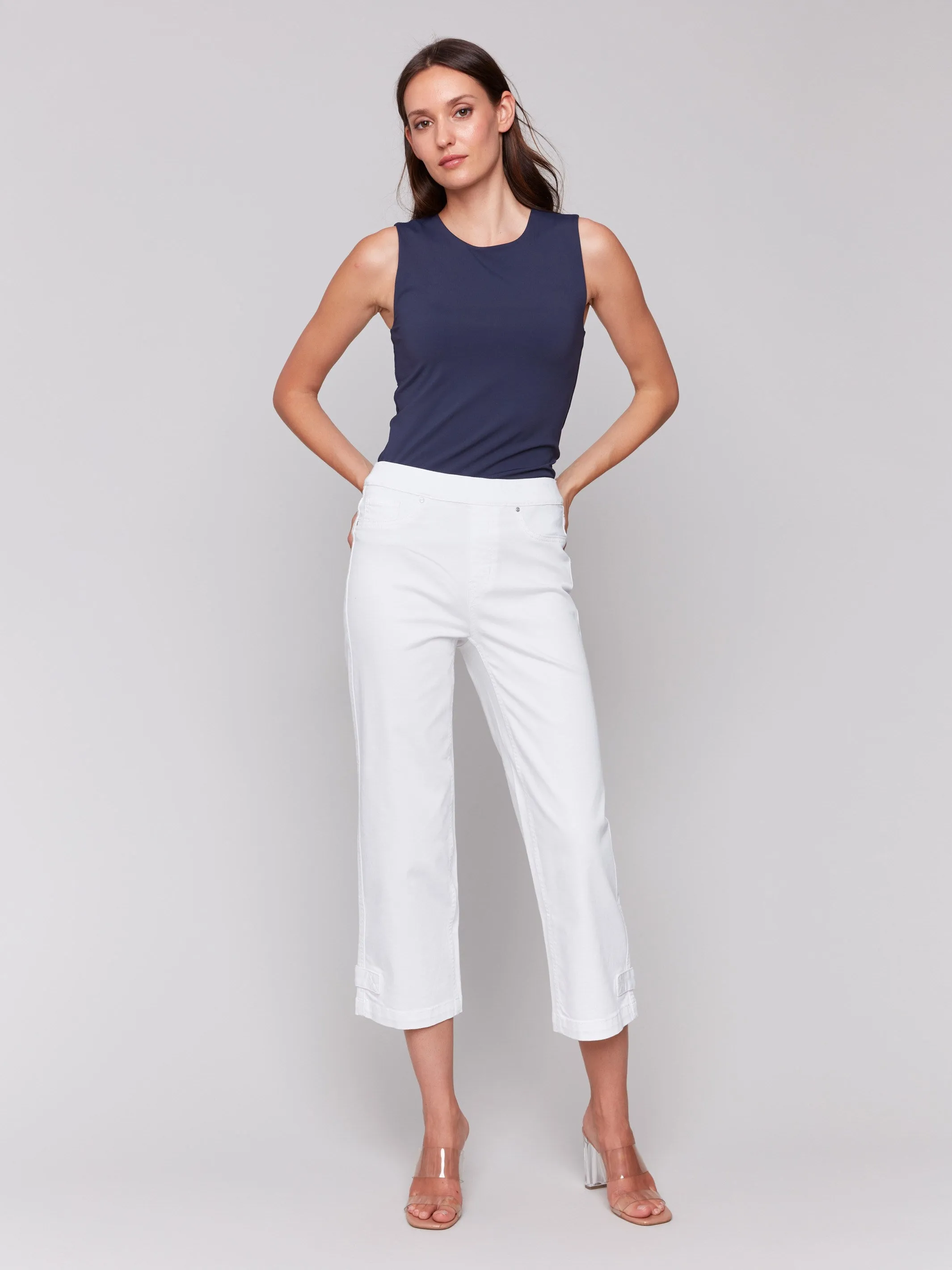 Road Trip Casual Friday Home Comfort Cropped Pull-On Twill Pants with Hem Tab - White