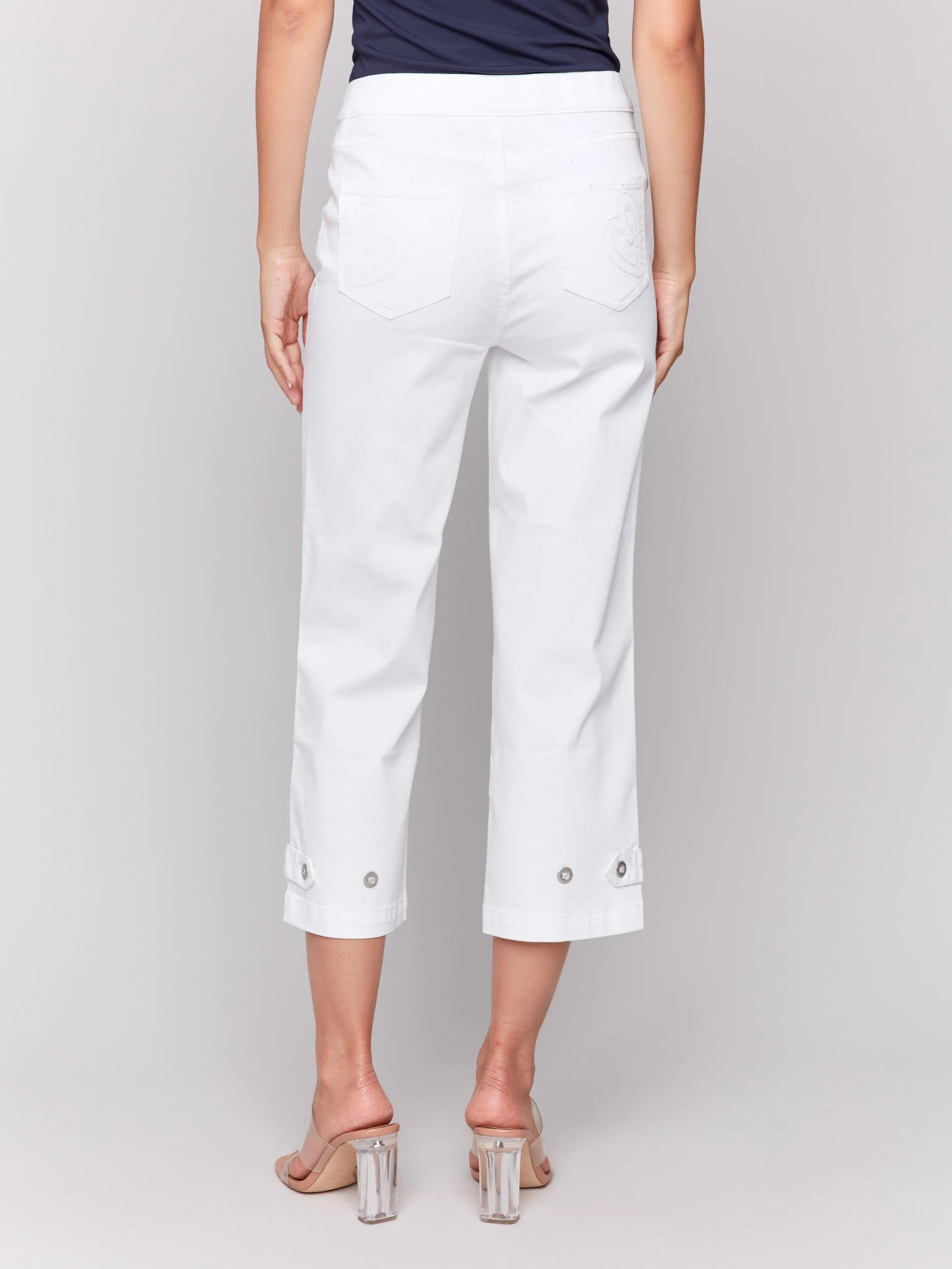 Cropped Pull-On Twill Pants with Hem Tab - White Cropped length